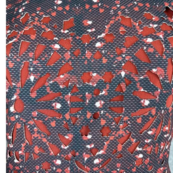 McGinn Laser Cut Sheath Dress Rust Navy Blue Geometric Floral Size 6 - Picture 4 of 9